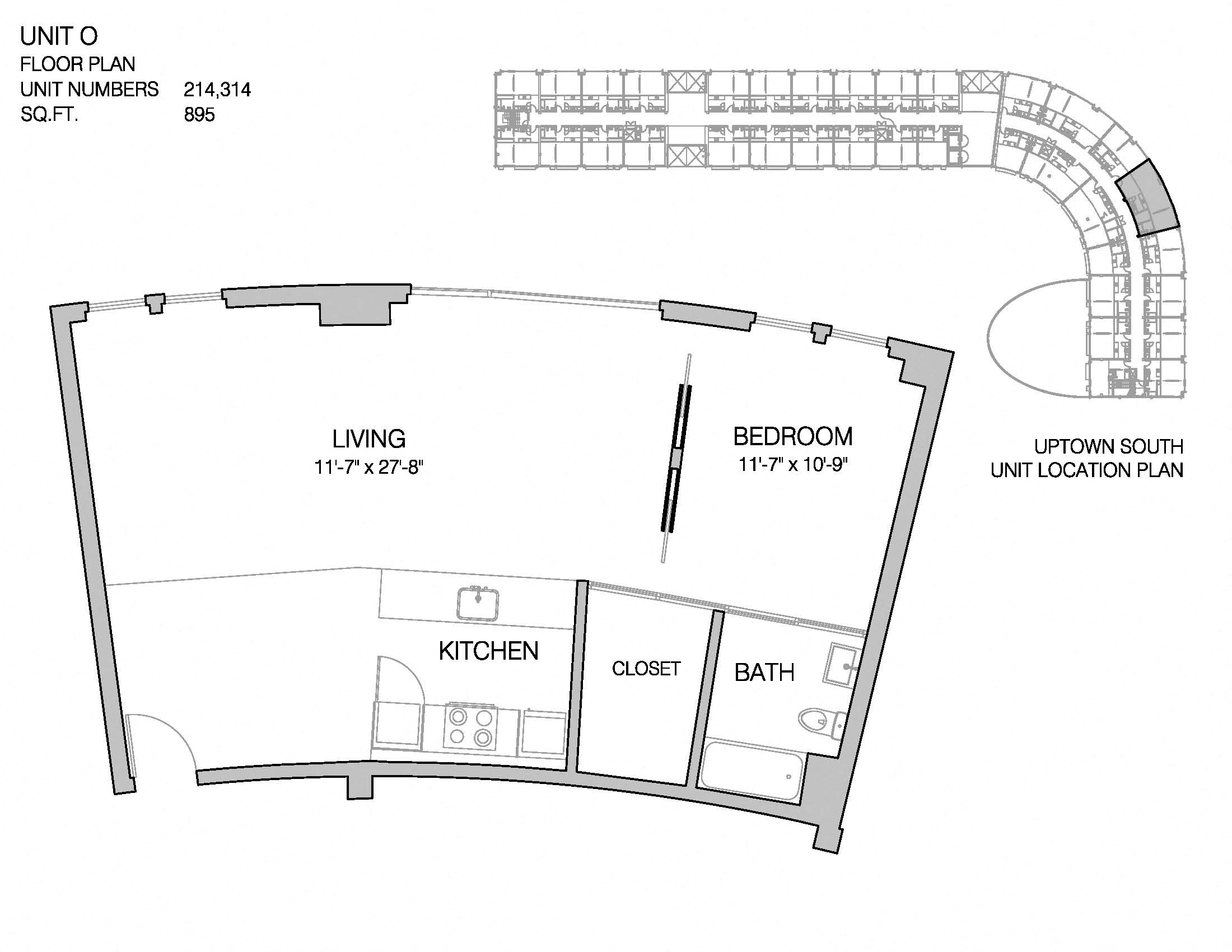Floor plan for 1 bed, 1 bath, 895 sqft